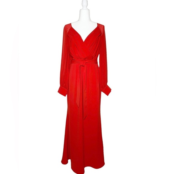 Badgley‎ Mischka Deep Red V-Neck Faux Wrap Gown - Picture 2 of 9